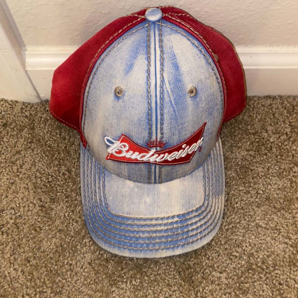 Budweiser Y2K Acid Wash Denim and Red Two-Tone Baseball Cap Hat OSFM